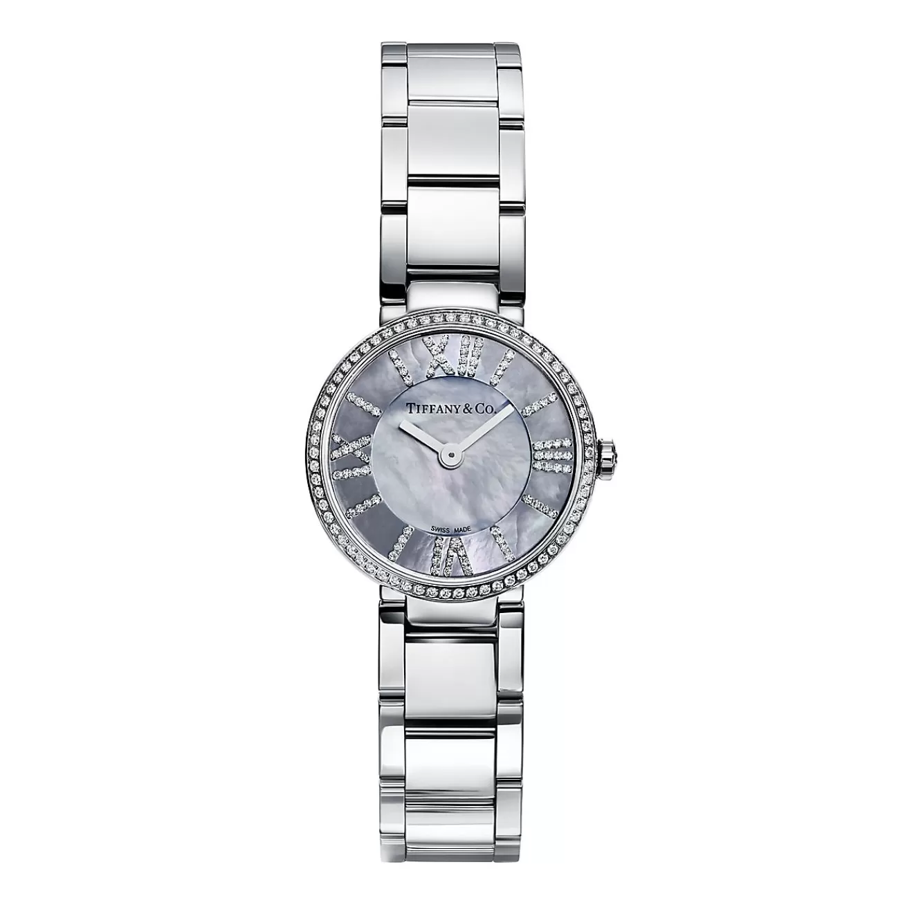 Tiffany & Co. Atlas® 24 mm watch in stainless steel with diamonds and gray mother-of-pearl. | ^Women Fine Watches | Women’s Watches