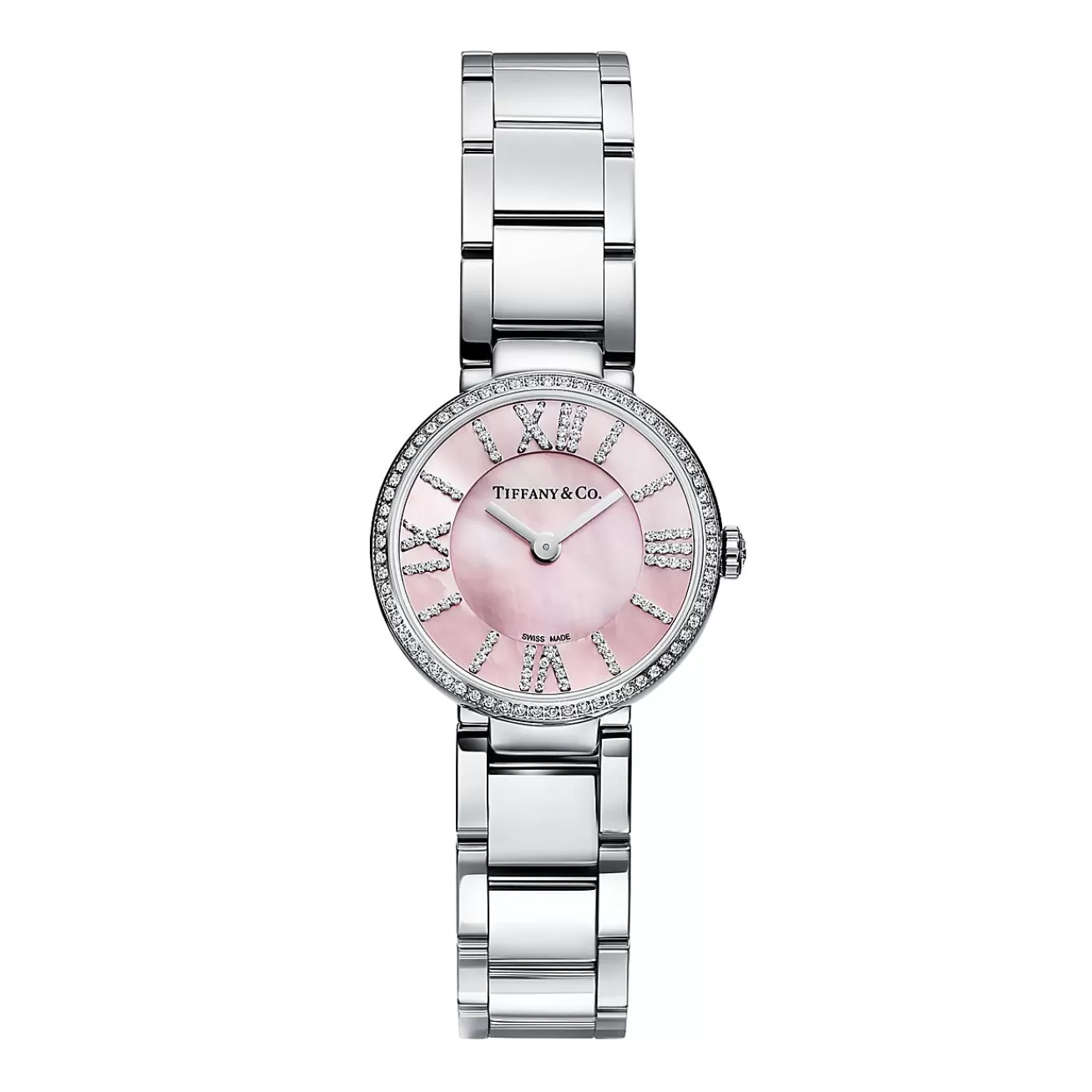 Tiffany & Co. Atlas® 24 mm watch in stainless steel with diamonds and pink mother-of-pearl. | ^Women Fine Watches | Women’s Watches