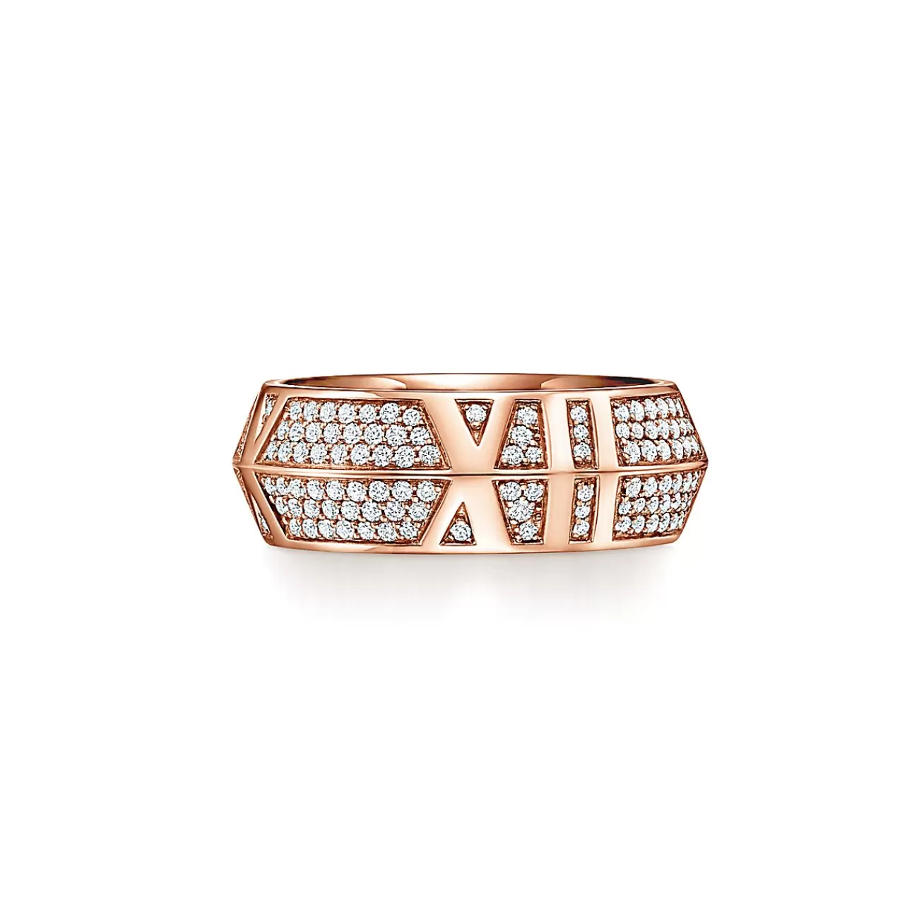 Tiffany & Co. Atlas® X Closed Wide Ring in Rose Gold with Pavé Diamonds, 7.5 mm Wide | ^ Rings | Rose Gold Jewelry