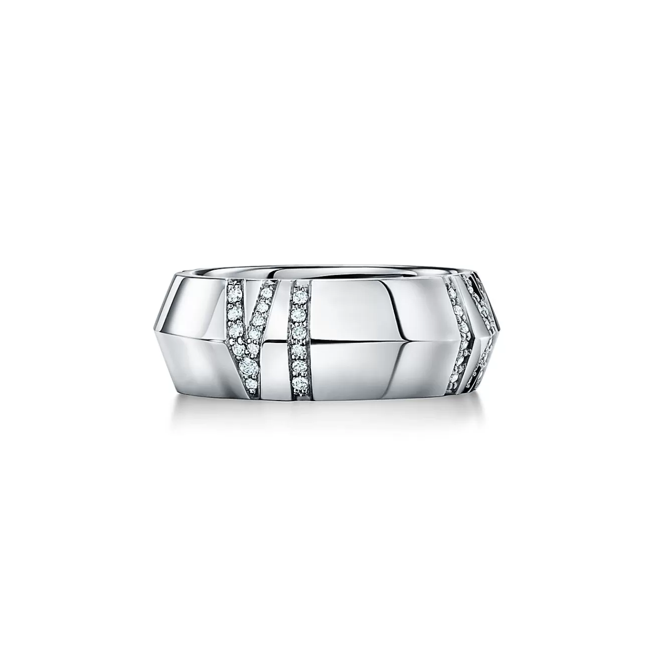 Tiffany & Co. Atlas® X Closed Wide Ring in White Gold with Diamonds, 7.5 mm Wide | ^ Rings | Men's Jewelry