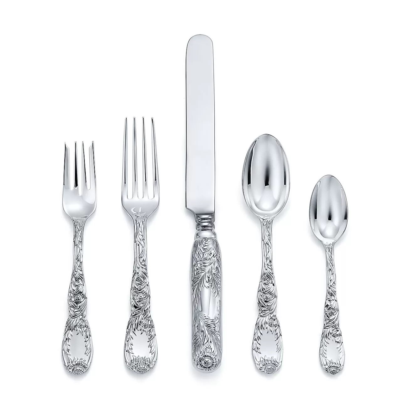 Tiffany & Co. Chrysanthemum five-piece flatware set in sterling silver. | ^ The Couple | Wedding Gifts