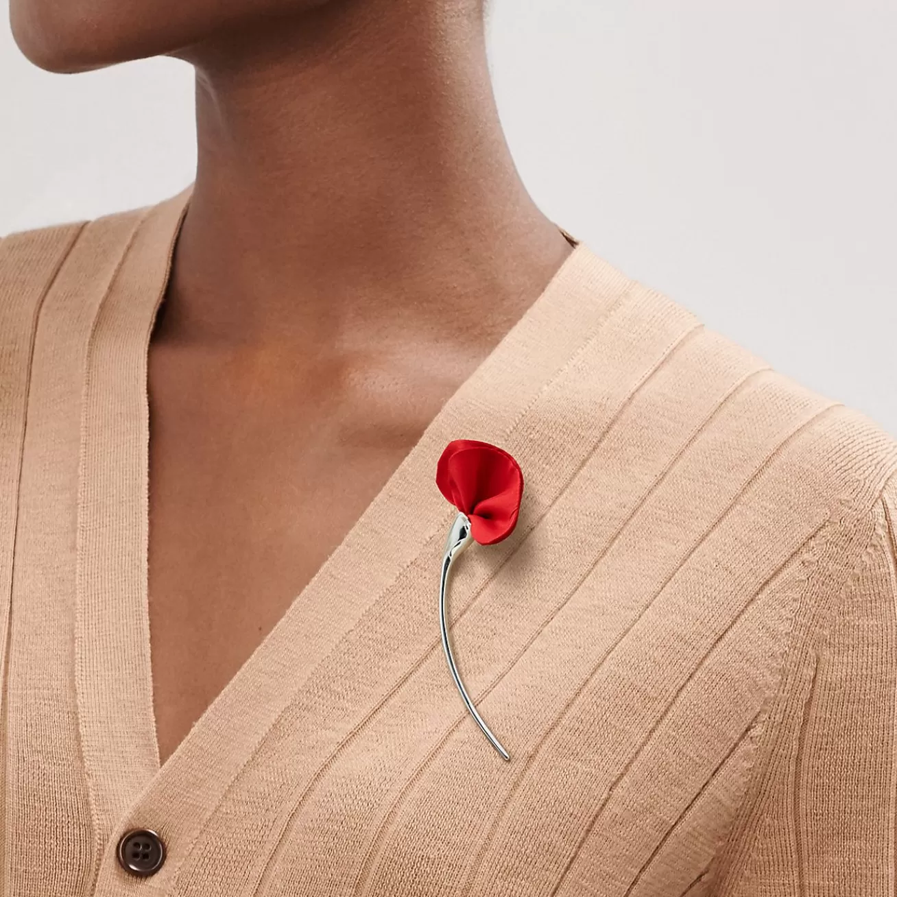 Tiffany & Co. Elsa Peretti® Amapola brooch in sterling silver with red silk. | ^ Brooches | Sterling Silver Jewelry