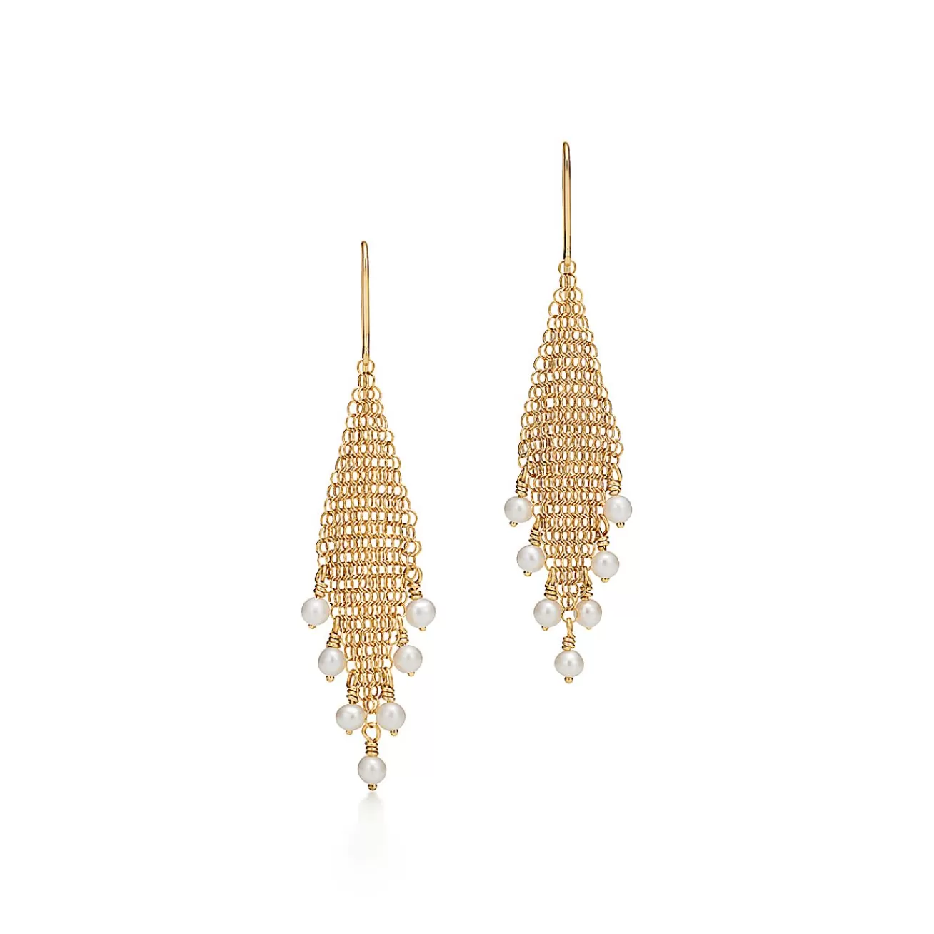 Tiffany & Co. Elsa Peretti® Mesh fringe earrings in 18k gold with freshwater pearls. | ^ Earrings | Gold Jewelry