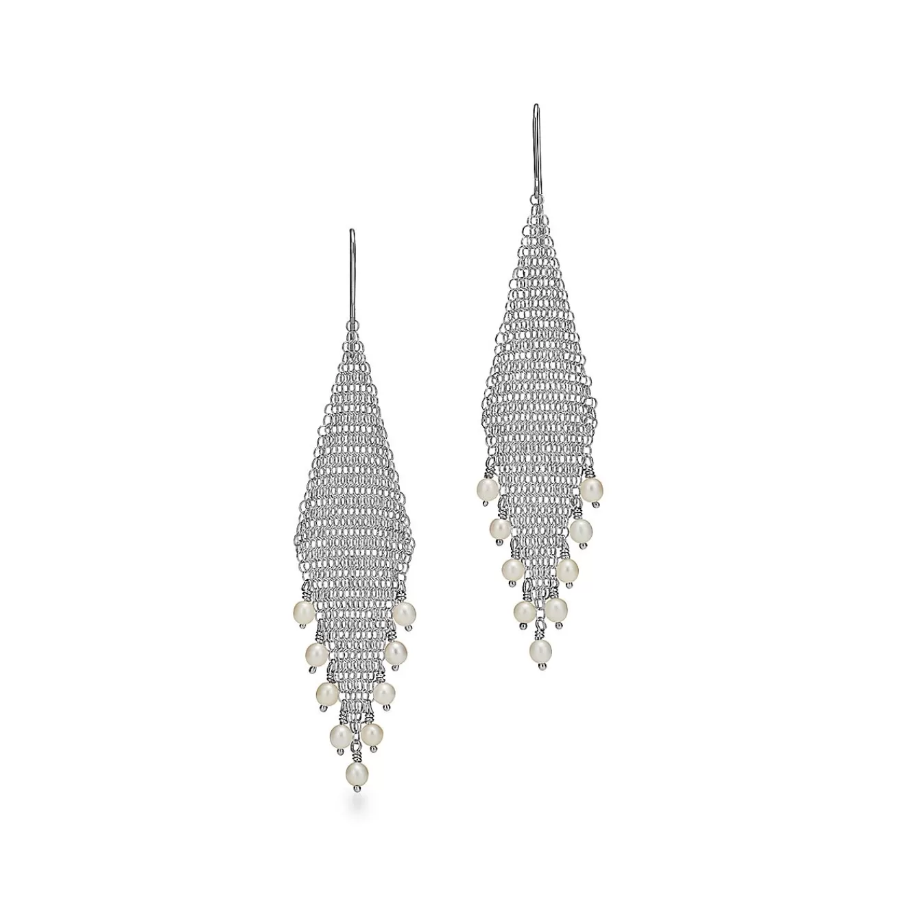 Tiffany & Co. Elsa Peretti® Mesh fringe earrings in sterling silver with freshwater pearls. | ^ Earrings | Sterling Silver Jewelry