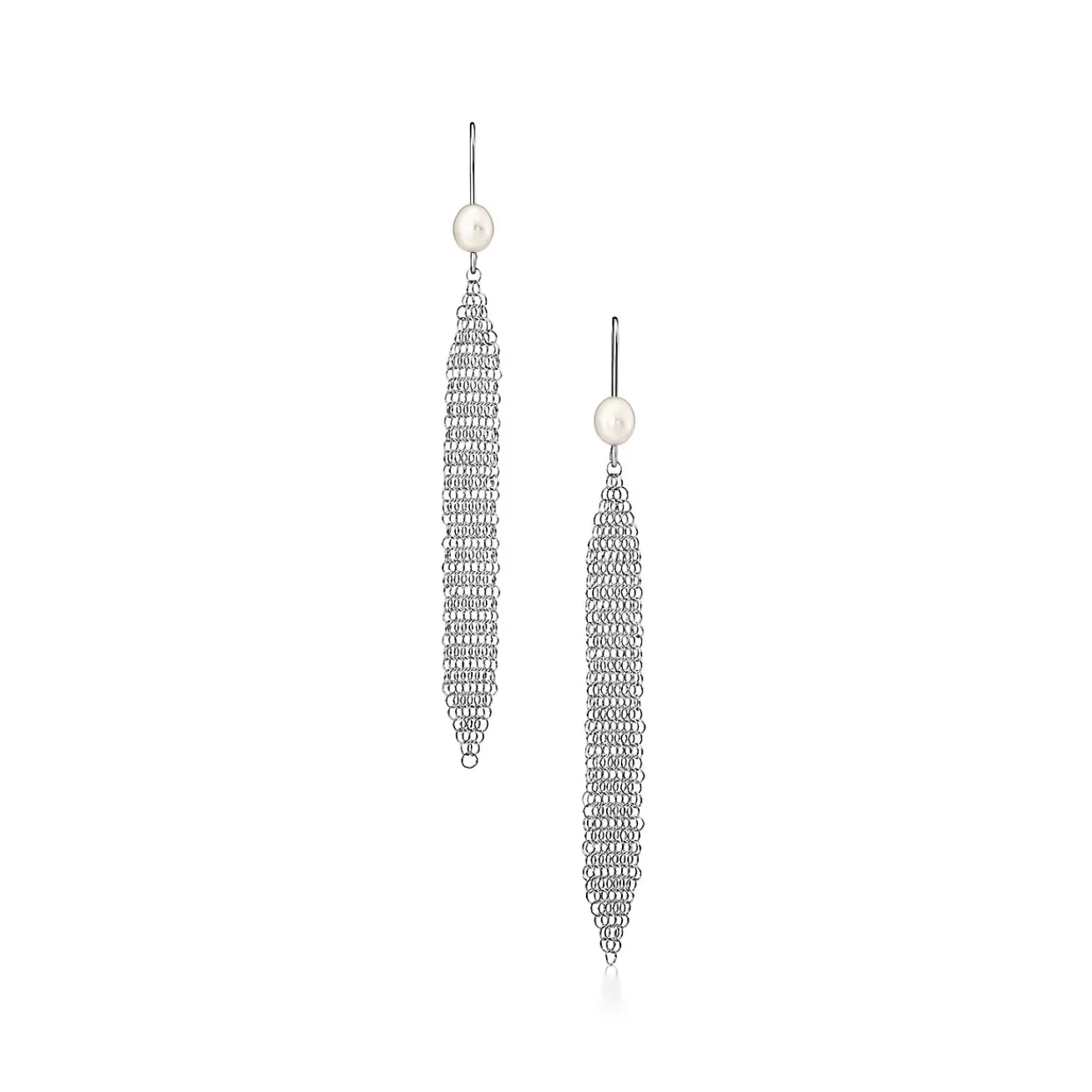 Tiffany & Co. Elsa Peretti® Mesh tassel earrings in sterling silver with freshwater pearls. | ^ Earrings | Bold Silver Jewelry