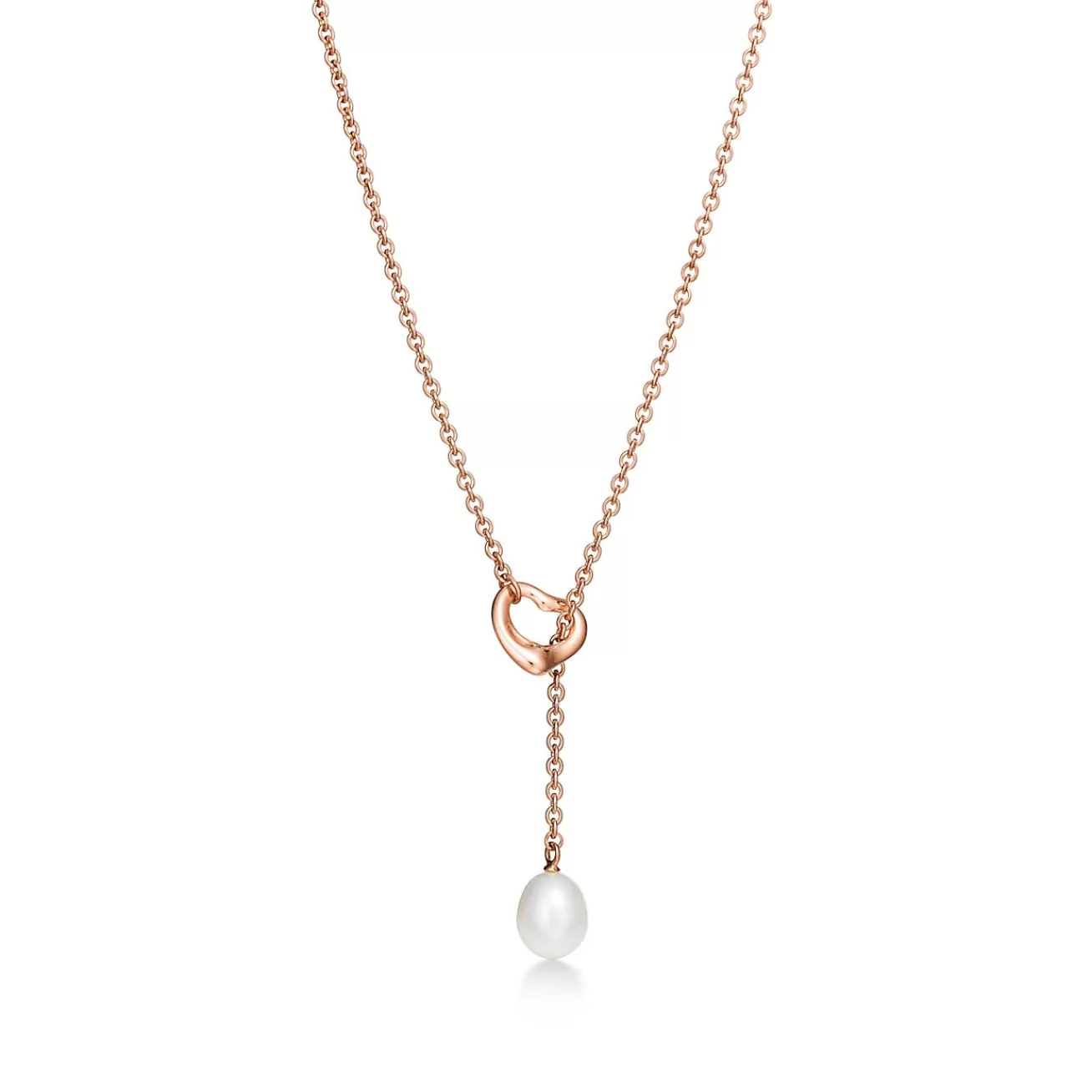 Tiffany & Co. Elsa Peretti® Open Heart lariat in 18k rose gold with a freshwater pearl. | ^ Necklaces & Pendants | Rose Gold Jewelry