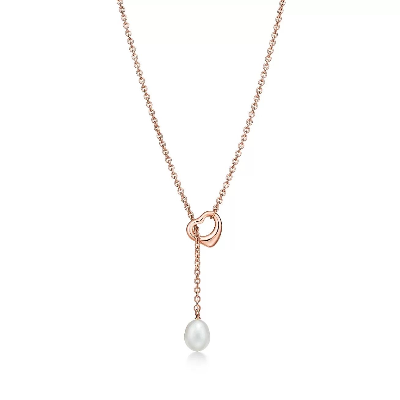 Tiffany & Co. Elsa Peretti® Open Heart lariat in 18k rose gold with a freshwater pearl. | ^ Necklaces & Pendants | Rose Gold Jewelry