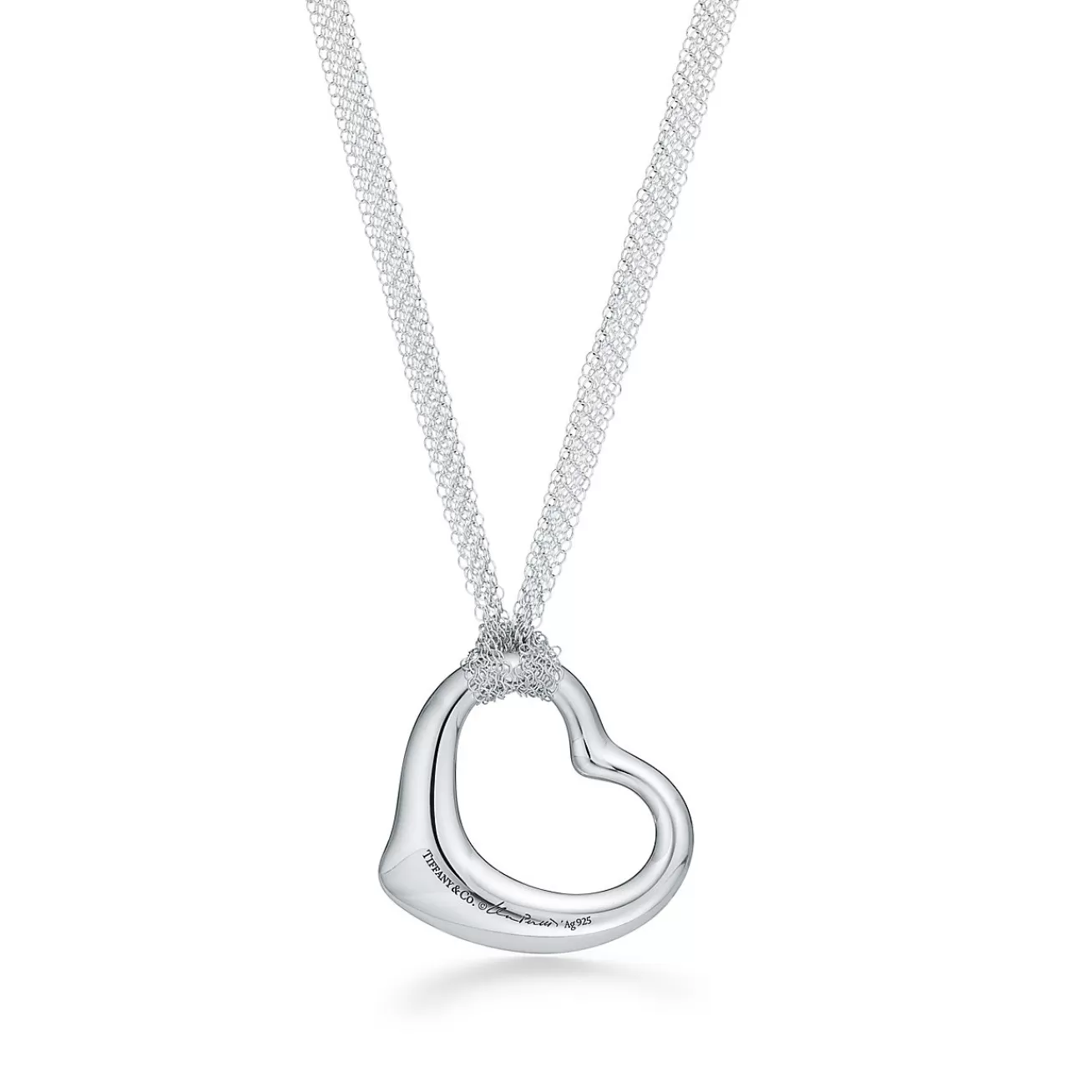 Tiffany & Co. Elsa Peretti® Open Heart pendant in sterling silver on a 30" mesh chain. | ^ Necklaces & Pendants | Bold Silver Jewelry