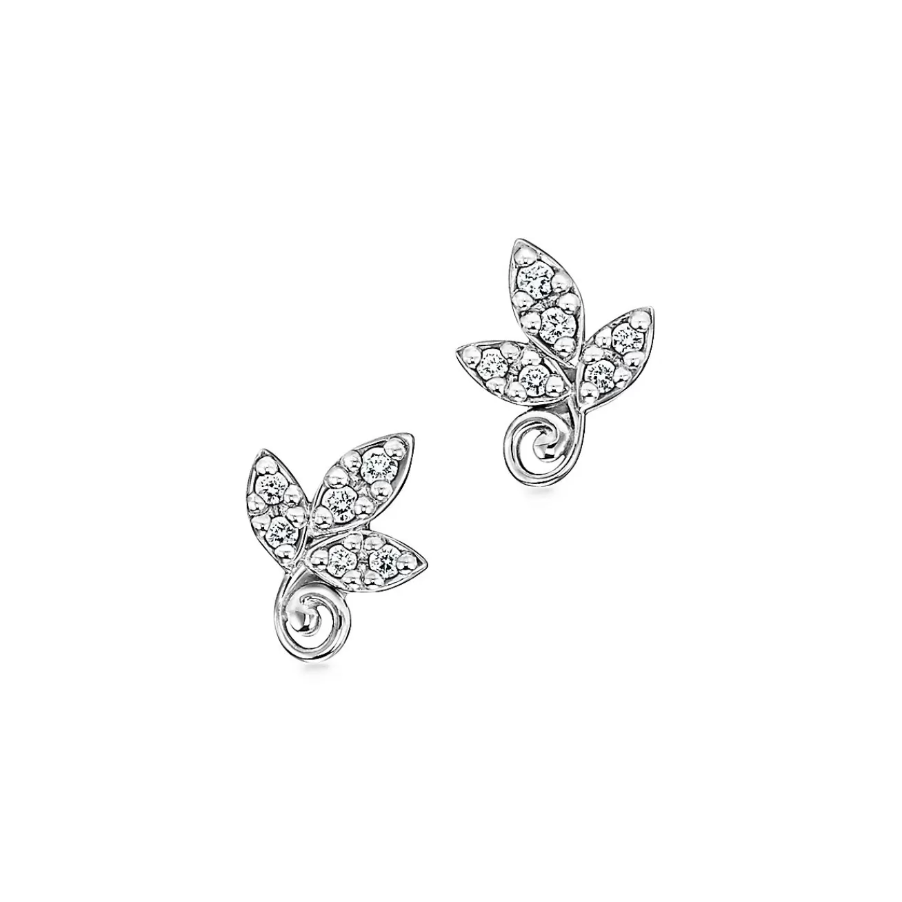Tiffany & Co. Paloma Picasso® Olive Leaf earrings in 18k white gold with diamonds. | ^ Earrings | Diamond Jewelry