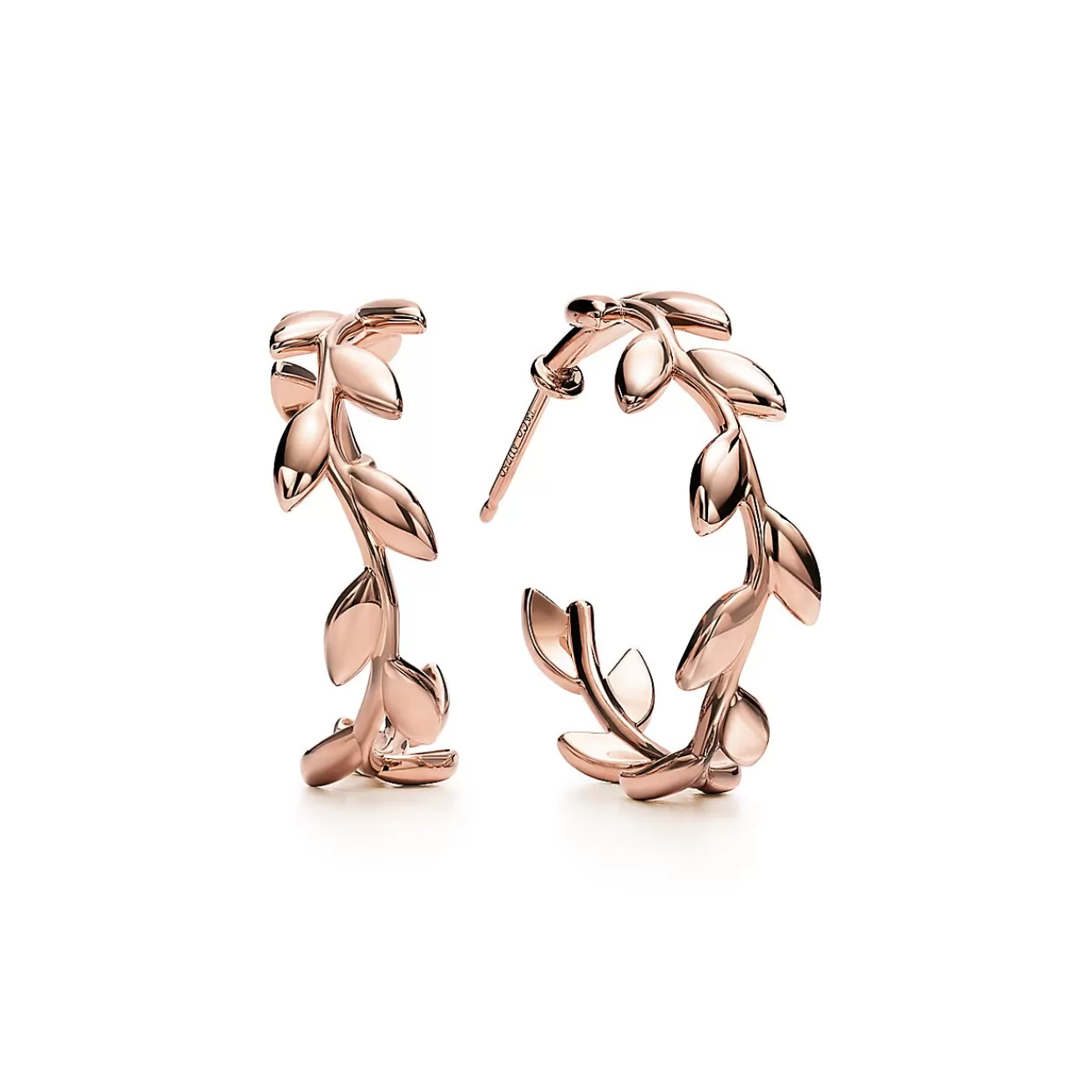 Tiffany & Co. Paloma Picasso® Olive Leaf hoop earrings in 18k rose gold. | ^ Earrings | Hoop Earrings