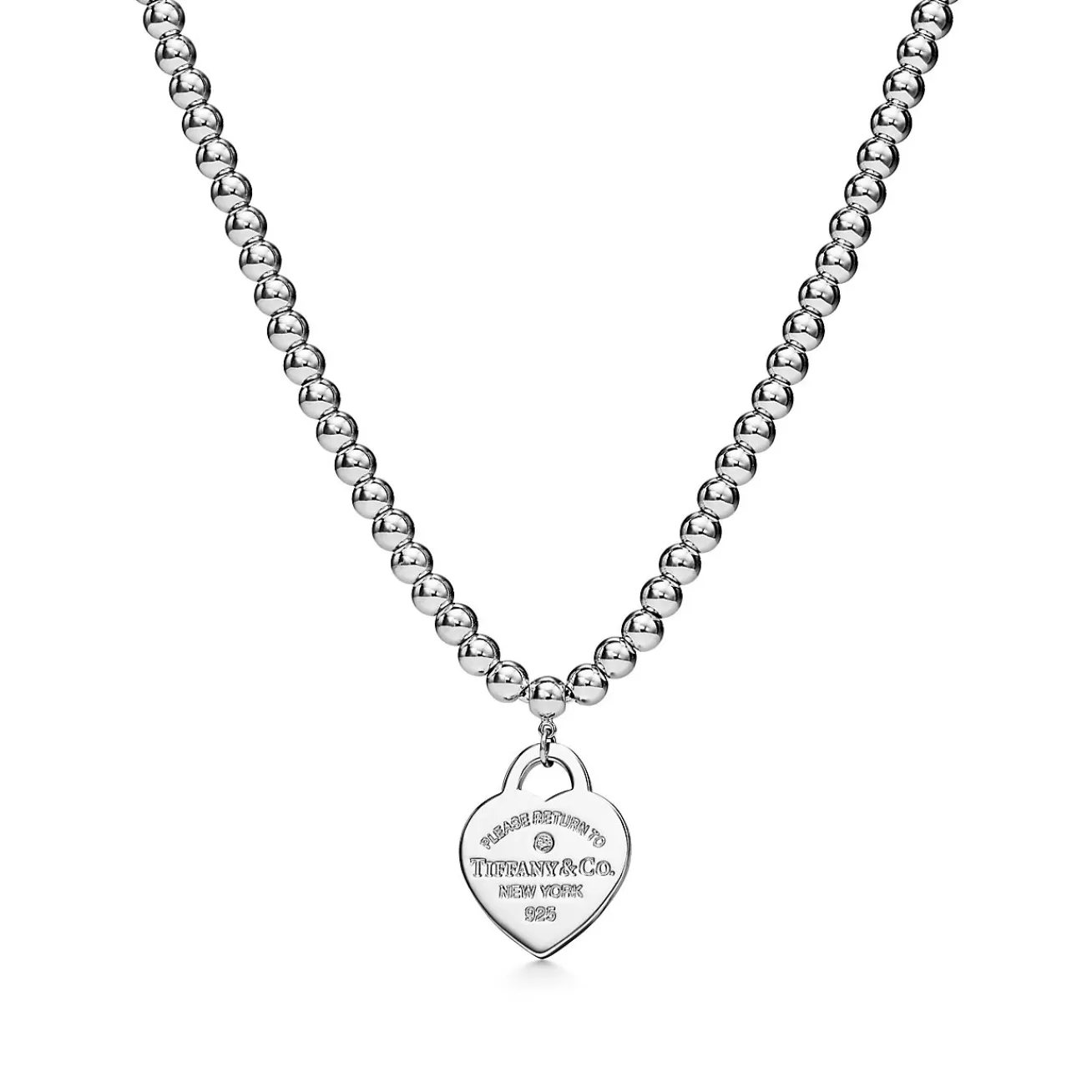Tiffany & Co. Return to Tiffany® Heart Tag Bead Necklace in Silver with a Diamond, Small | ^ Necklaces & Pendants | Sterling Silver Jewelry