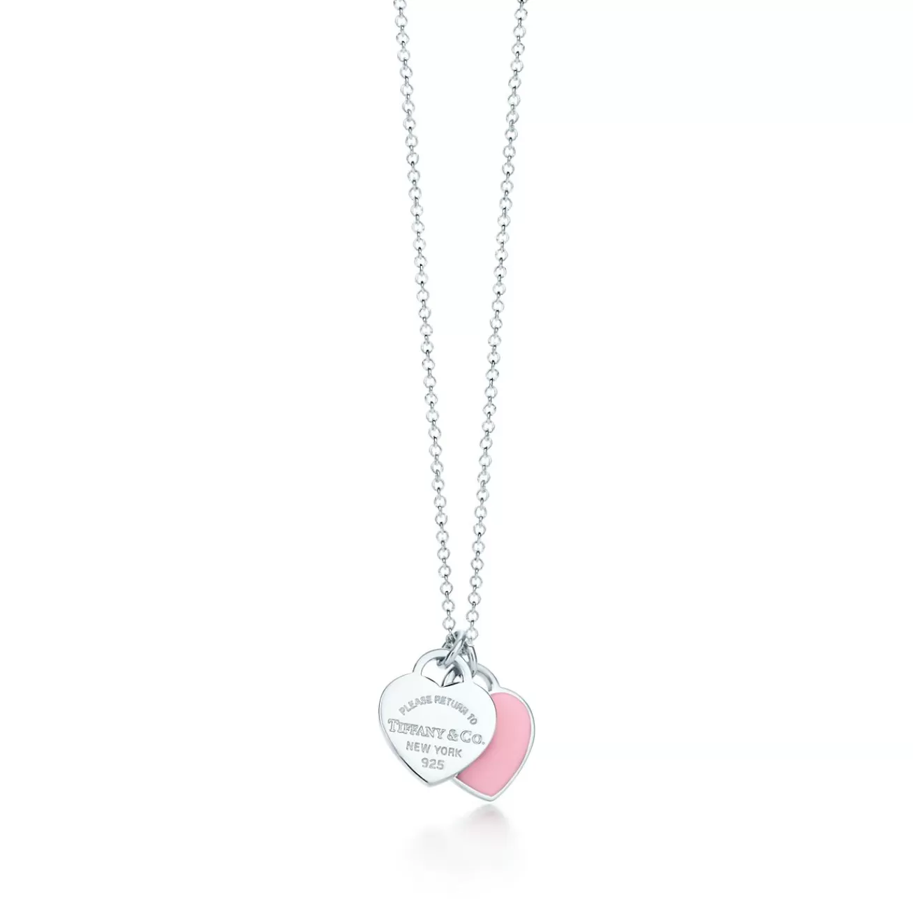 Tiffany & Co. Return to Tiffany™ mini double heart tag pendant in silver with pink enamel finish. | ^ Necklaces & Pendants | Gifts for Her