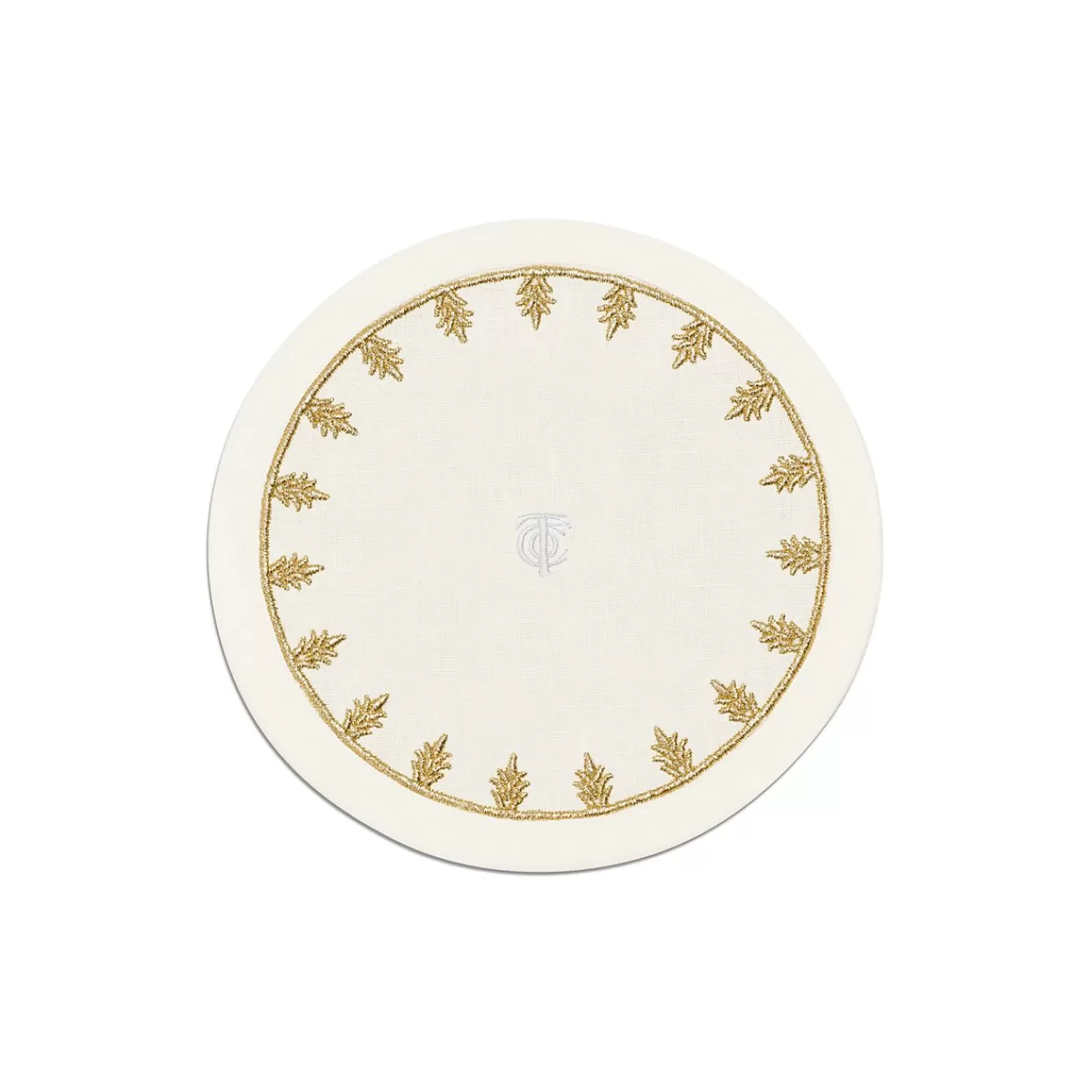 Tiffany & Co. Tiffany Crest Coaster in Embroidered White Linen | ^ Decor | Table Linens