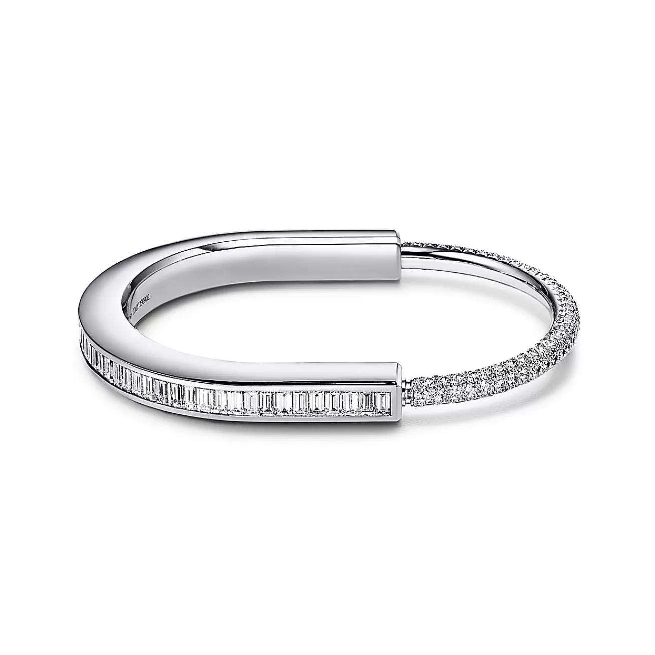 Tiffany & Co. Tiffany Lock Bangle in White Gold with Baguette and Pavé Diamonds | ^ Bracelets | Diamond Jewelry