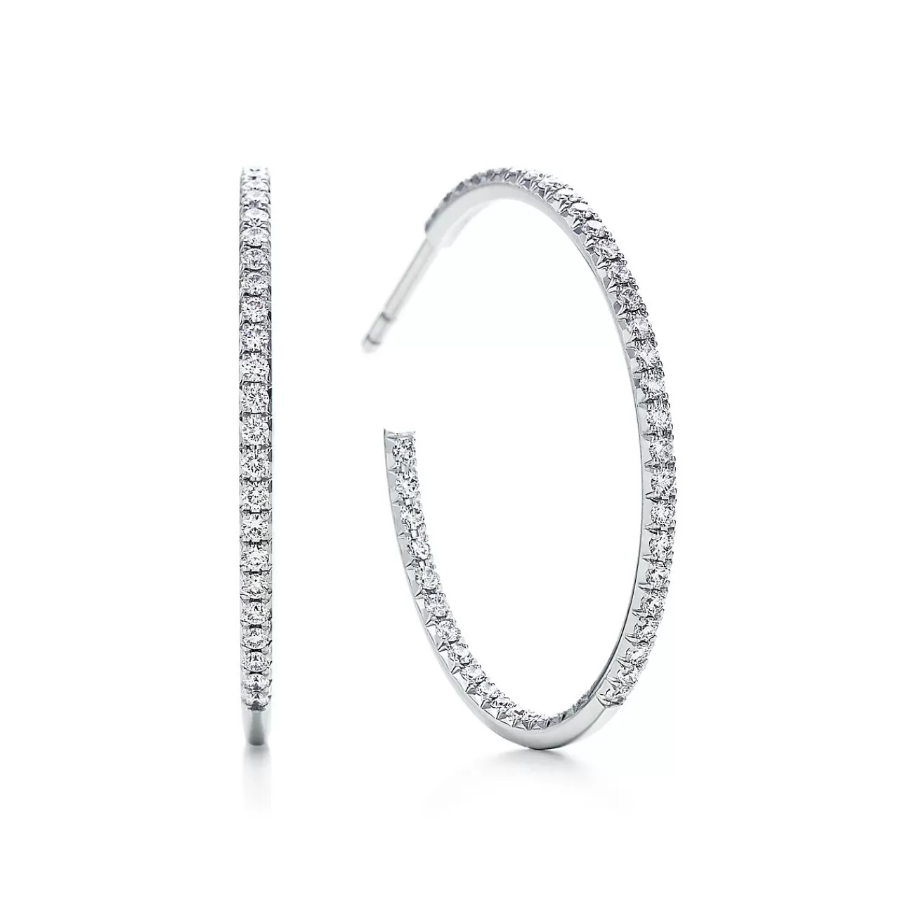 Tiffany & Co. Tiffany Metro hoop earrings in 18k white gold with diamonds, large. | ^ Earrings | Diamond Jewelry