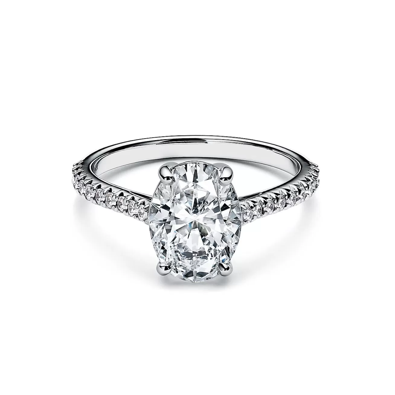 Tiffany & Co. Tiffany Novo® oval brilliant engagement ring with a pavé diamond platinum band. | ^ Engagement Rings
