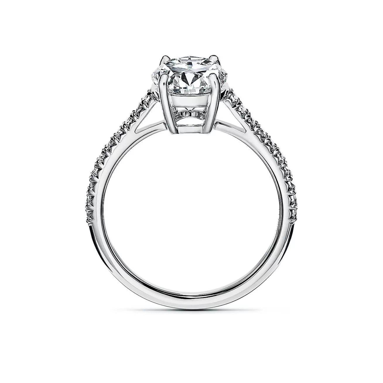 Tiffany & Co. Tiffany Novo® oval brilliant engagement ring with a pavé diamond platinum band. | ^ Engagement Rings