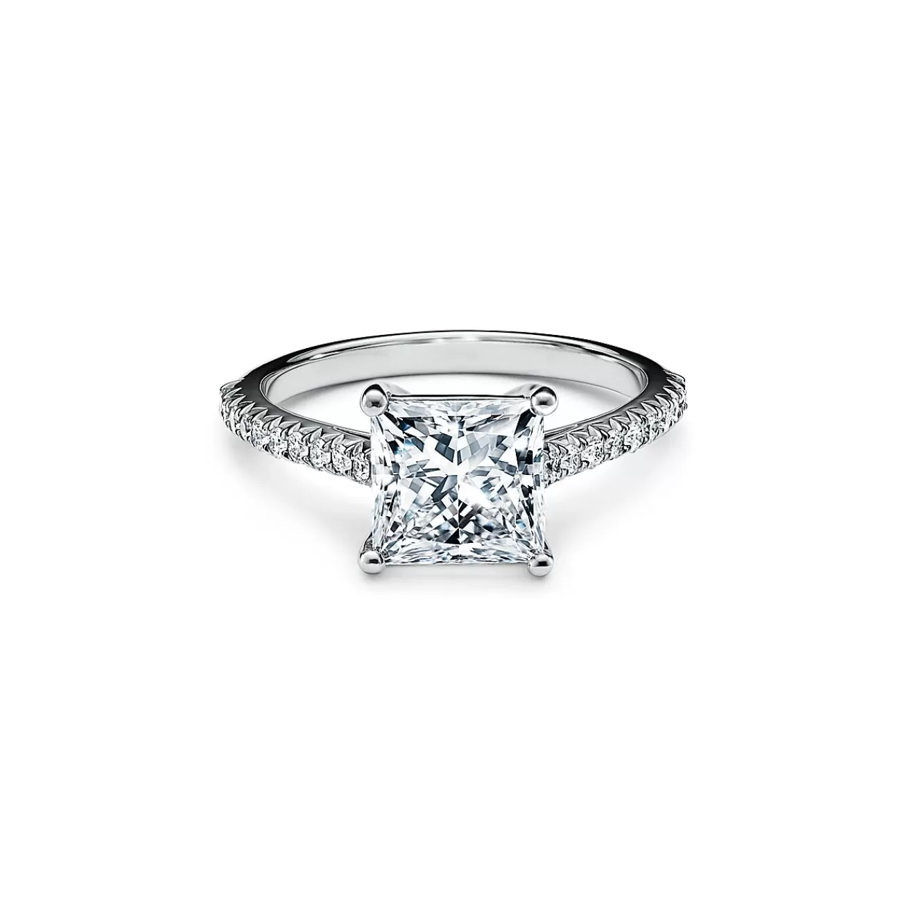 Tiffany & Co. Tiffany Novo® princess-cut engagement ring with a pavé diamond platinum band. | ^ Engagement Rings