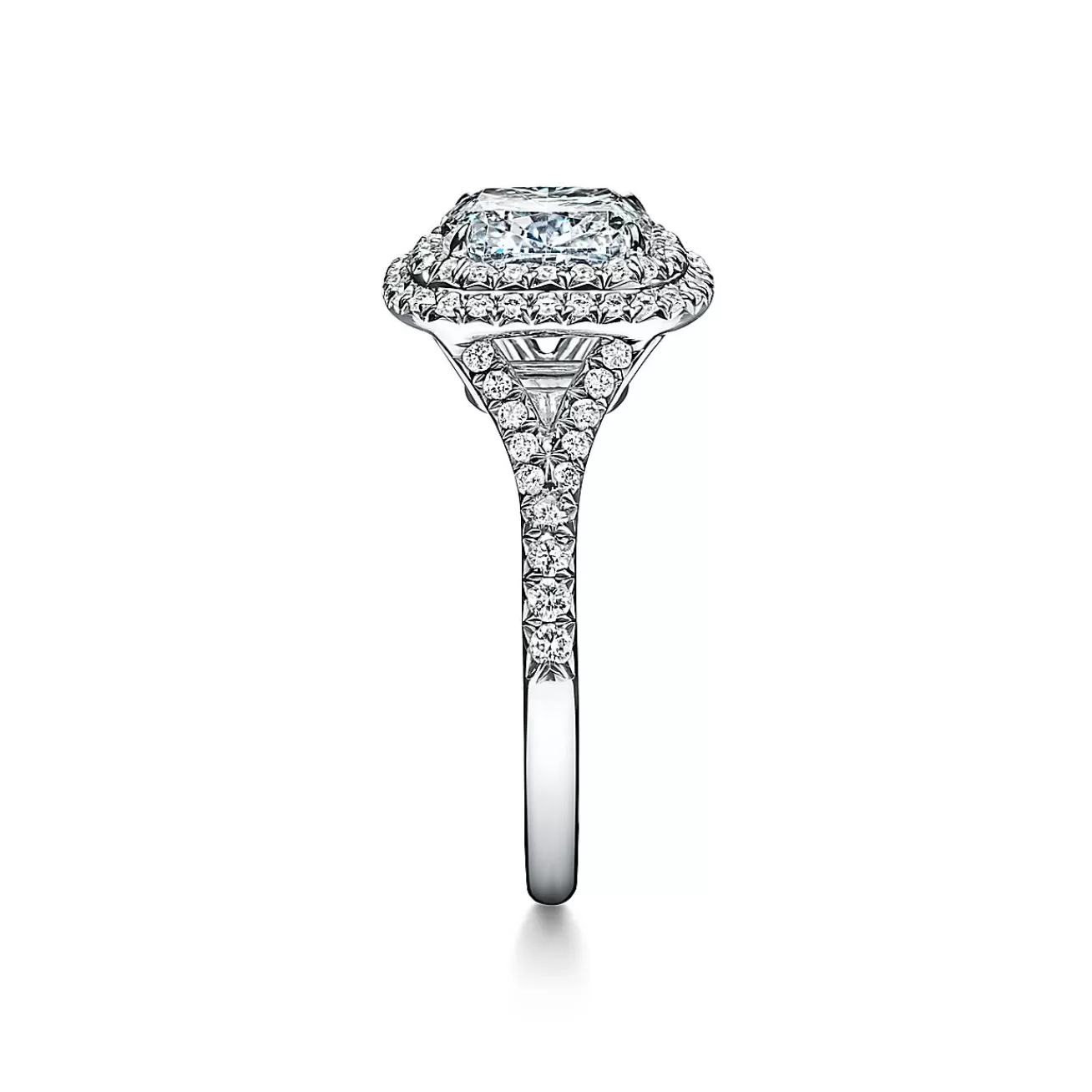 Tiffany & Co. Tiffany Soleste® cushion-cut engagement ring with a diamond band in platinum. | ^ Engagement Rings