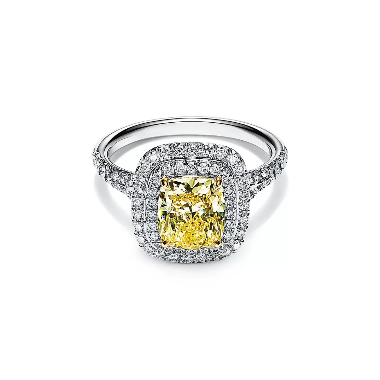 Tiffany & Co. Tiffany Soleste® cushion-cut yellow diamond halo engagement ring in platinum. | ^ Engagement Rings