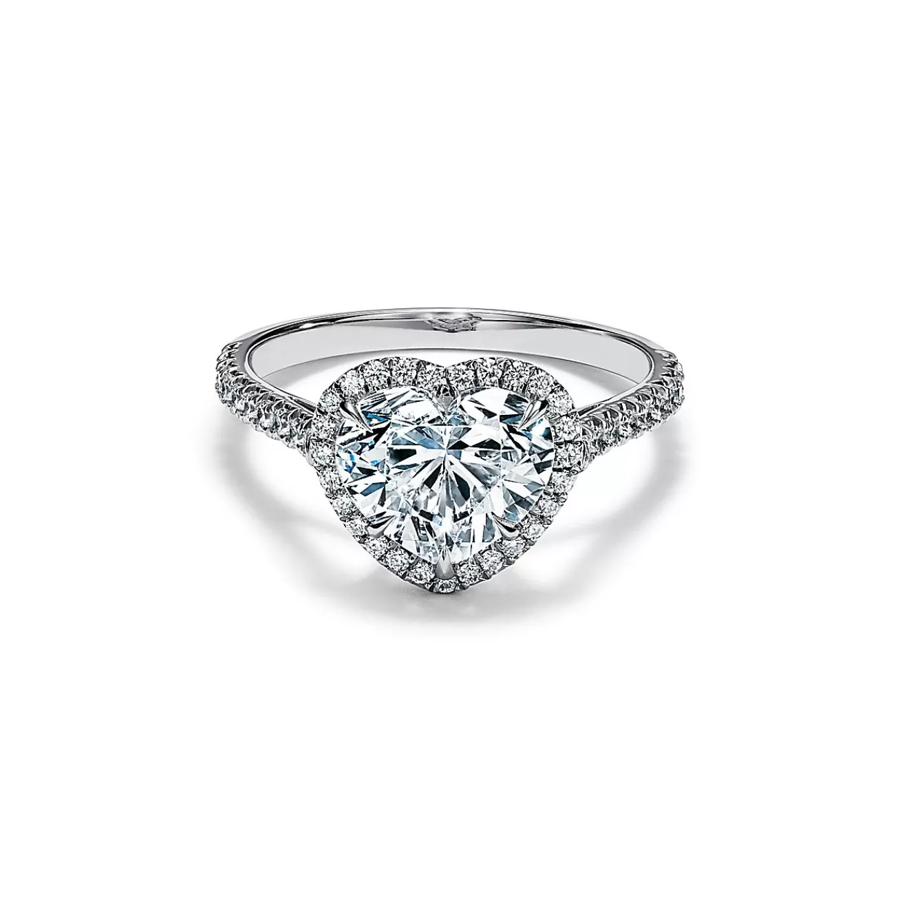 Tiffany & Co. Tiffany Soleste® heart-shaped halo engagement ring with a diamond platinum band. | ^ Engagement Rings