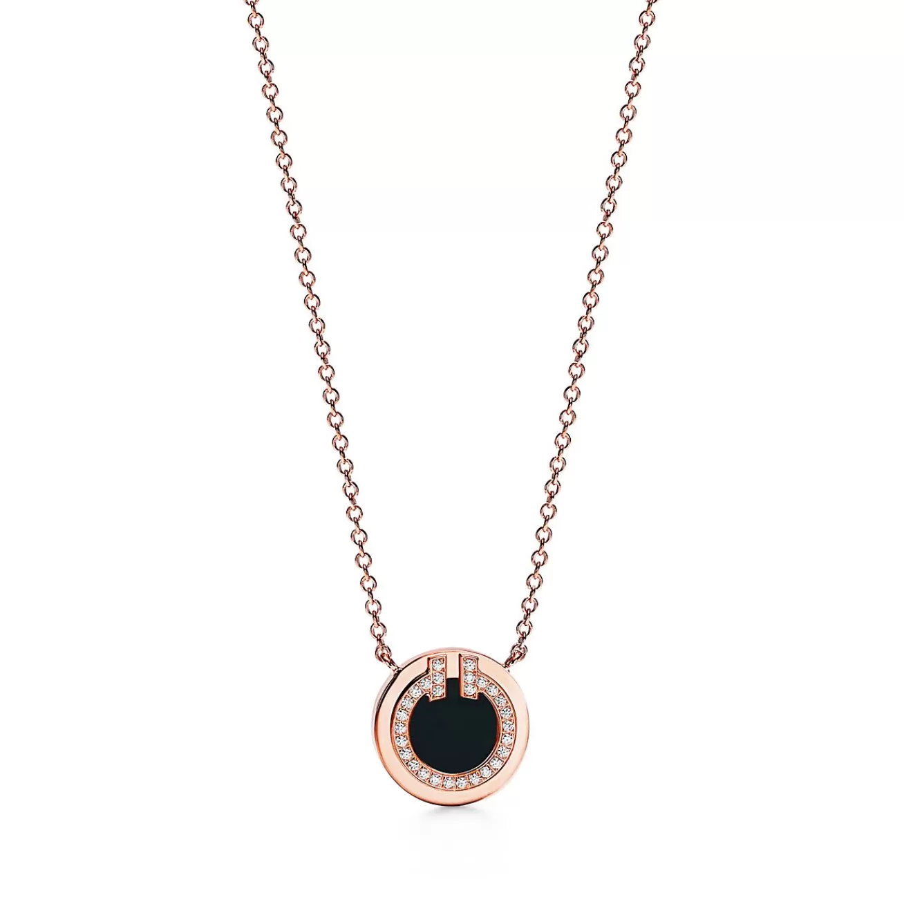 Tiffany & Co. Tiffany T diamond and black onyx circle pendant in 18k rose gold, small. | ^ Necklaces & Pendants | Men's Jewelry