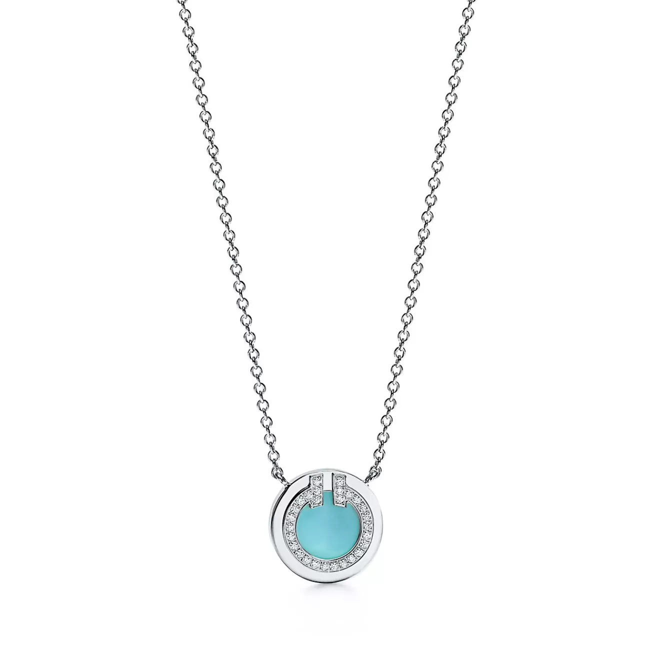 Tiffany & Co. Tiffany T diamond and turquoise circle pendant in 18k white gold, small. | ^ Necklaces & Pendants | Dainty Jewelry