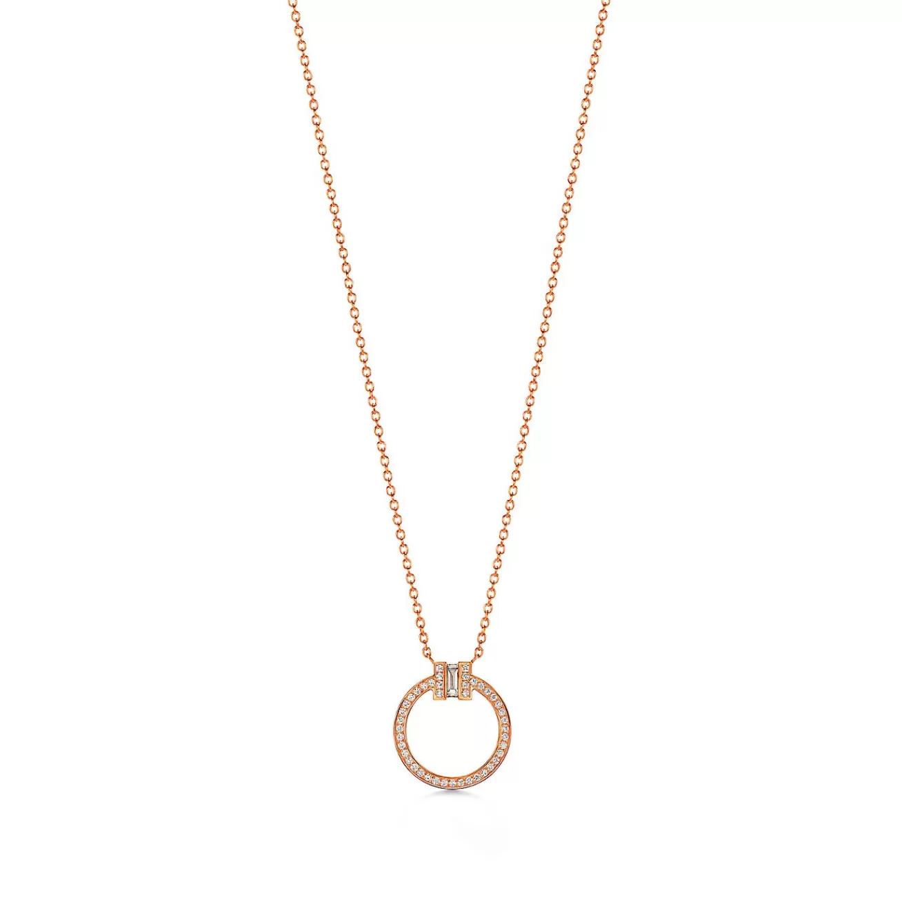 Tiffany & Co. Tiffany T diamond pendant in 18k rose gold with a baguette diamond. | ^ Necklaces & Pendants | Rose Gold Jewelry