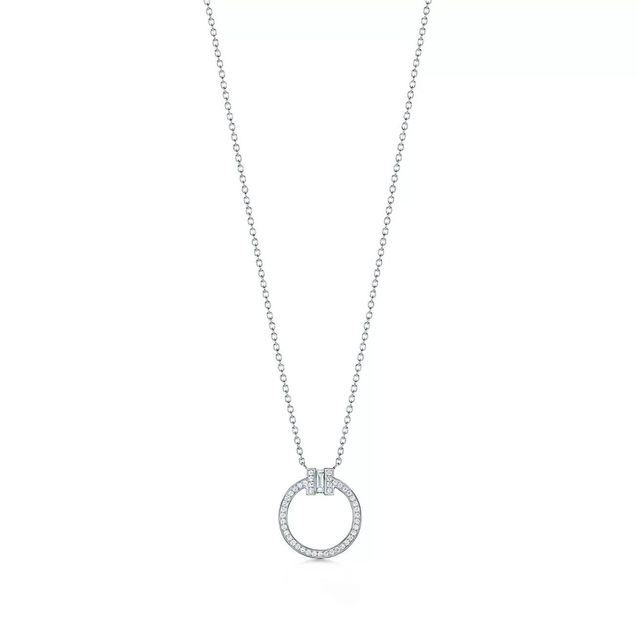 Tiffany & Co. Tiffany T diamond pendant in 18k white gold with a baguette diamond. | ^ Necklaces & Pendants | Diamond Jewelry