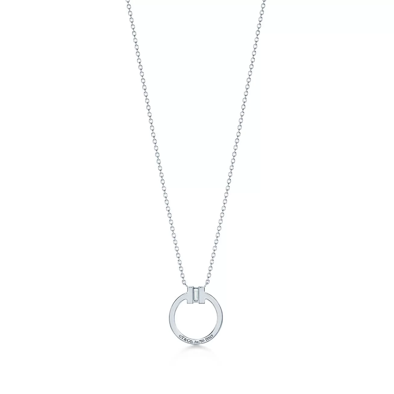 Tiffany & Co. Tiffany T diamond pendant in 18k white gold with a baguette diamond. | ^ Necklaces & Pendants | Diamond Jewelry