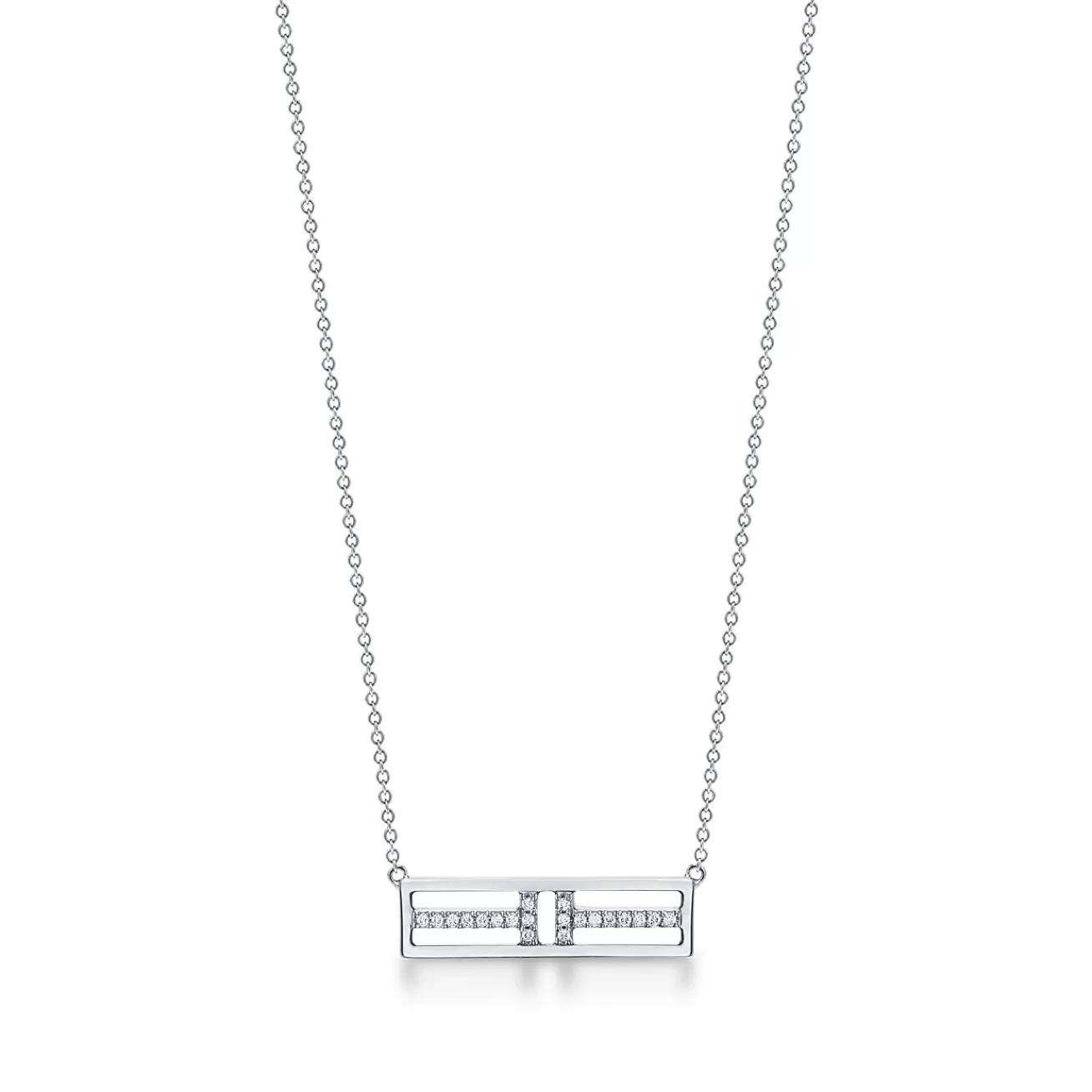 Tiffany & Co. Tiffany T open horizontal diamond bar pendant in 18k white gold. | ^ Necklaces & Pendants | Diamond Jewelry