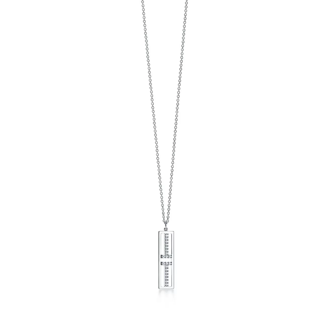 Tiffany & Co. Tiffany T open vertical diamond bar pendant in 18k white gold. | ^ Necklaces & Pendants | Diamond Jewelry