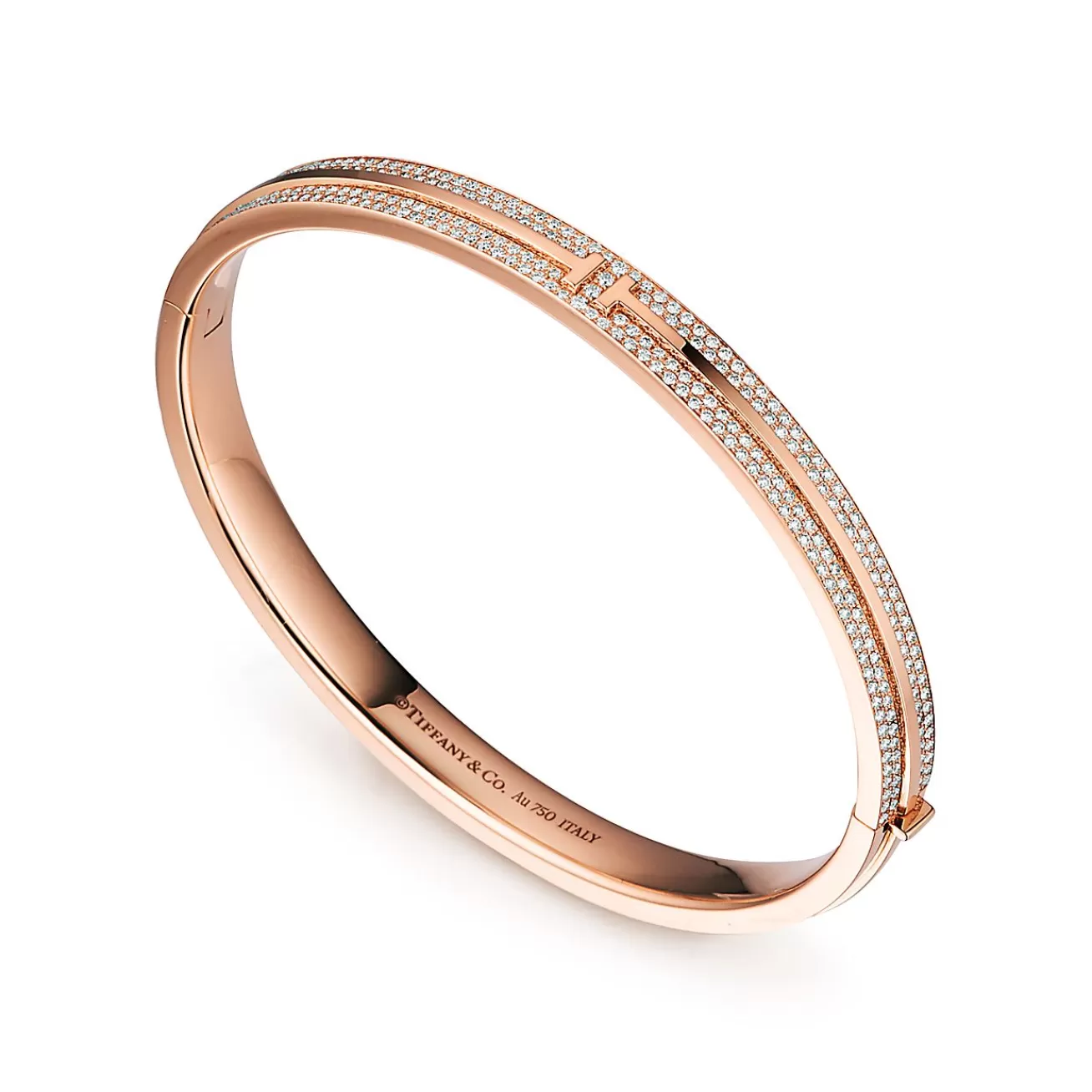 Tiffany & Co. Tiffany T pavé diamond hinged bangle in 18k rose gold, medium. | ^ Bracelets | Rose Gold Jewelry