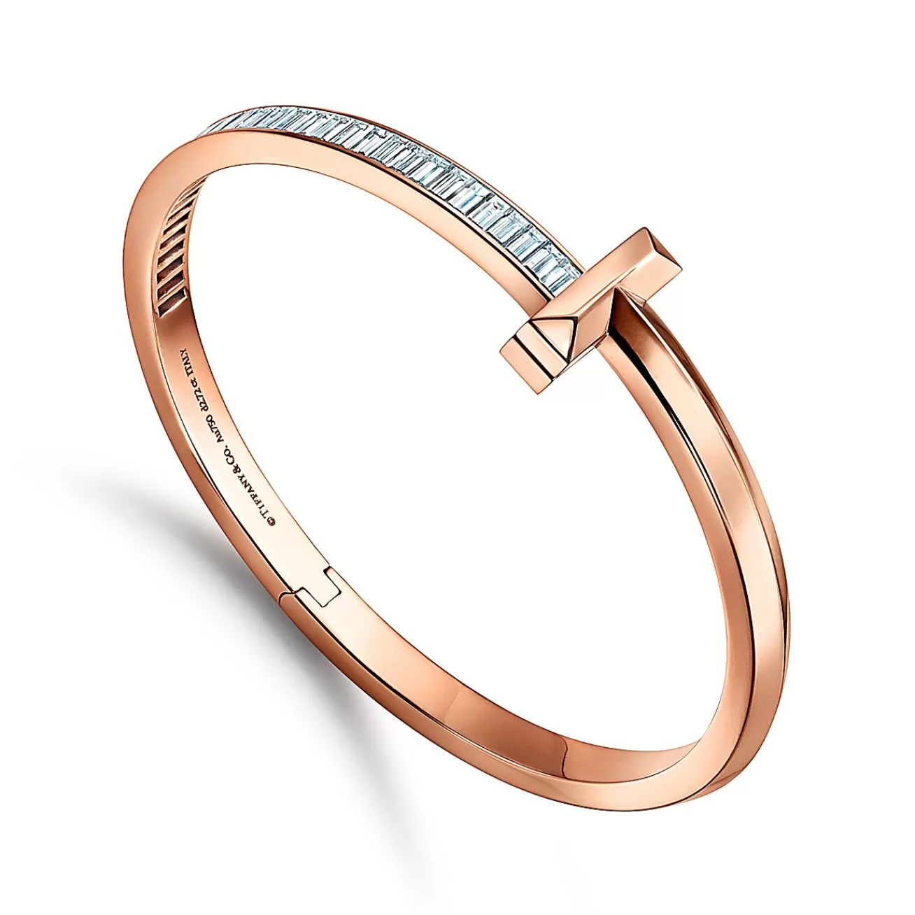 Tiffany & Co. Tiffany T T1 wide hinged bangle in 18k rose gold with baguette diamonds, large. | ^ Bracelets | Rose Gold Jewelry