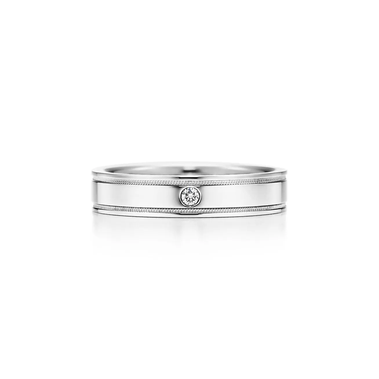 Tiffany & Co. Tiffany Together Double Milgrain Band Ring in Platinum with a Diamond, 4 mm Wide | ^Women Rings | Platinum Jewelry