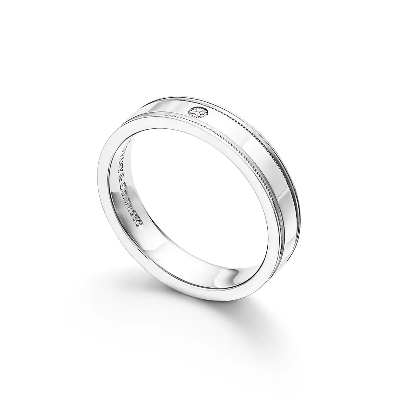 Tiffany & Co. Tiffany Together Double Milgrain Band Ring in Platinum with a Diamond, 4 mm Wide | ^Women Rings | Platinum Jewelry
